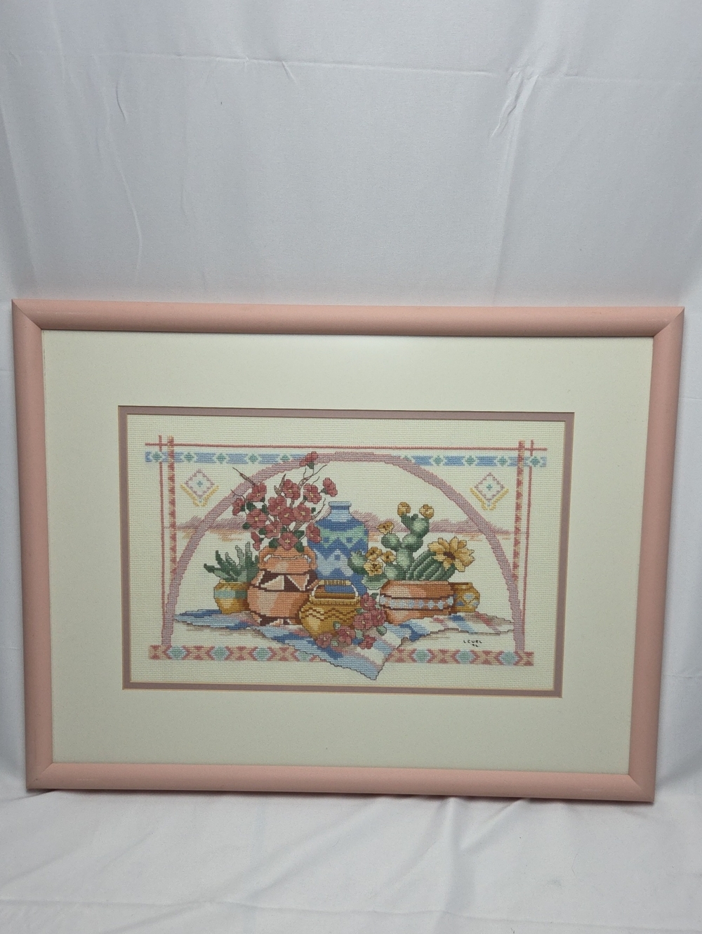 Pink Framed Floral & Pottery Embroidered Wall Art